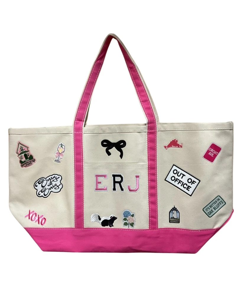 Customer-designed tote with patches at Toteally Yours Studio, Oak Bluffs