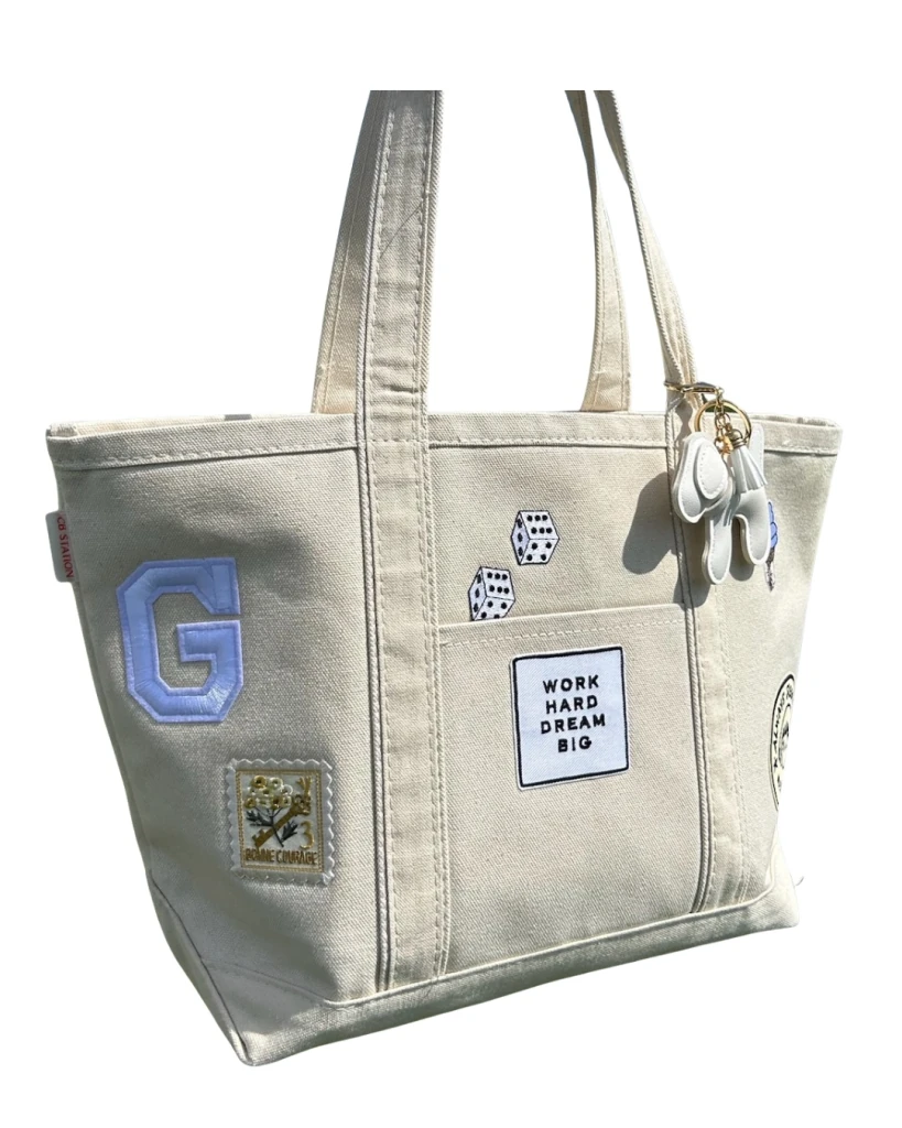 Colorful custom bag with iron-on patches, Oak Bluffs, Martha's Vineyard