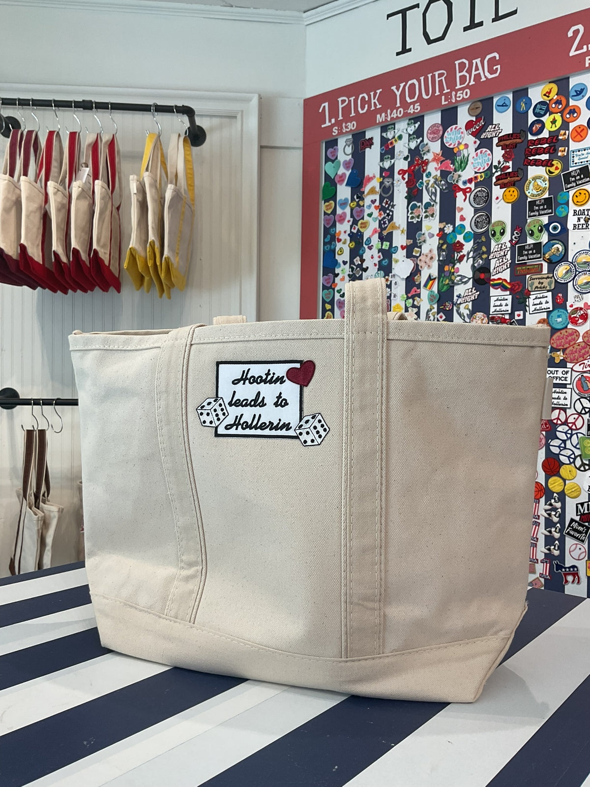 Cream tote with a Hootin Leads to Hollerin patch