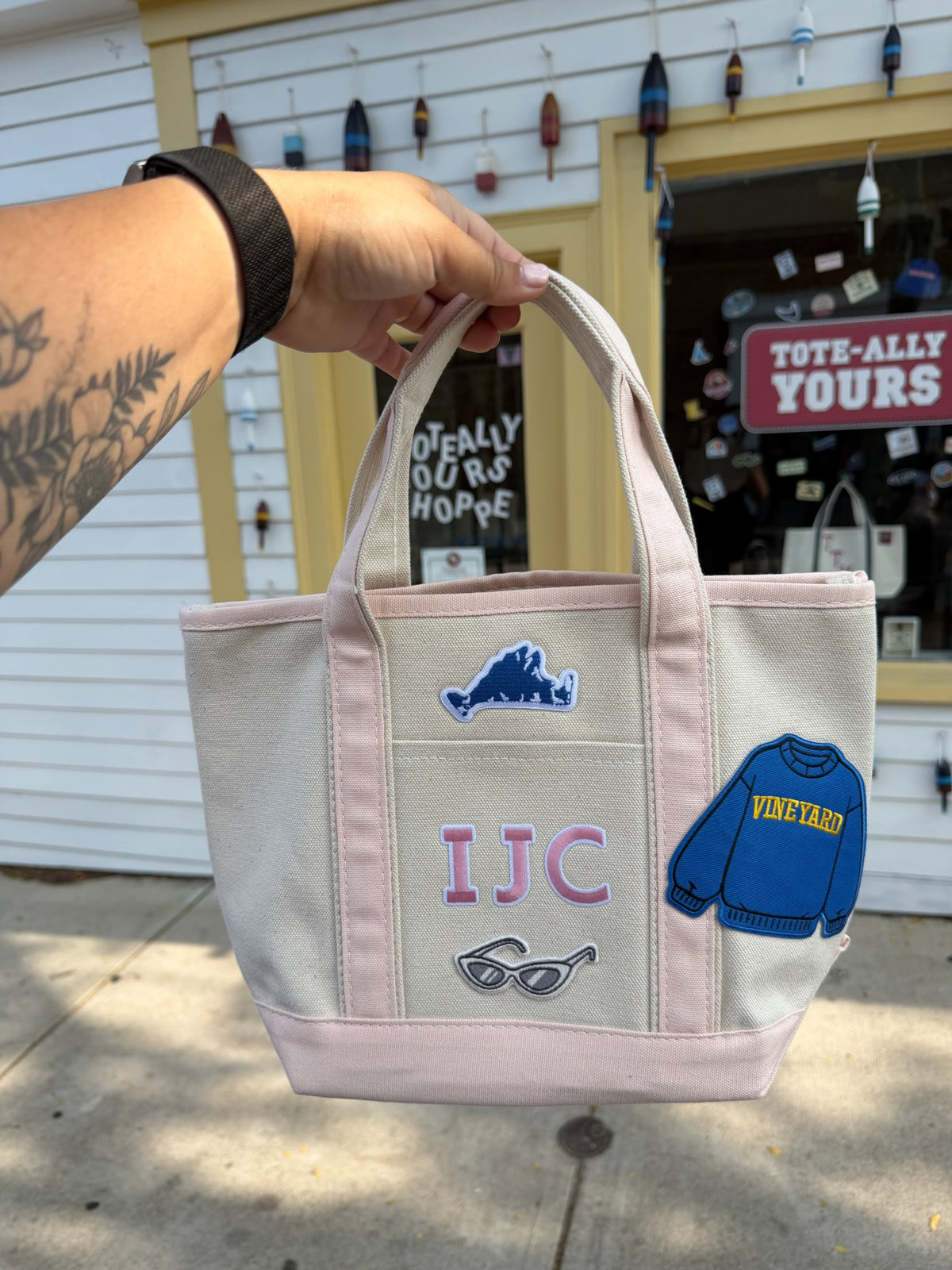 Pink mini tote with IJC monogram and Vineyard sweater patch